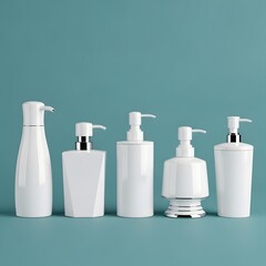 Assorted white pump bottles arranged on a teal background illustration