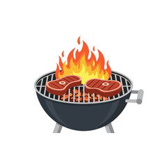 Two delicious steaks grilling over open flames on a charcoal barbecue.