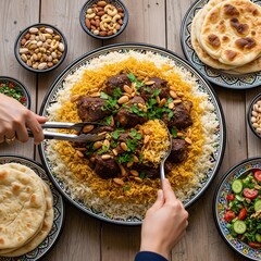 A colorful spread of traditional dishes served on a rustic wooden table illustration