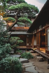 Fototapeta premium Traditional japanese house showcasing historic architecture and garden in warm sunlight