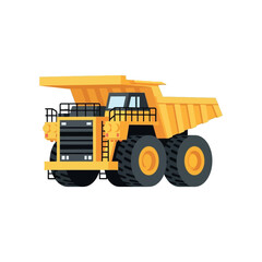 Large yellow mining dump truck illustration on white background, viewed from the side.