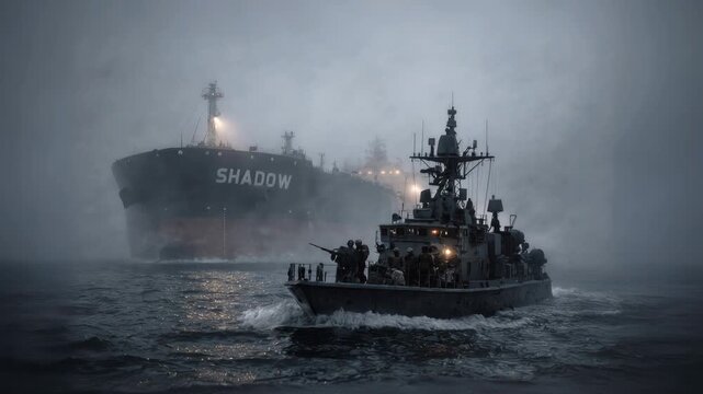 Shadow fleet oil tanker navigating through dense mist. Military vessel performing surveillance during maritime patrol in low visibility.