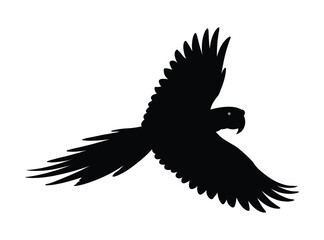 Obraz premium Black silhouette of a parrot flying with wings spread against a white background, showcasing its elegant form.
