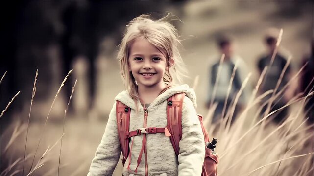 Explore adventure journey achievement outdoor in National Park. A young girl with a backpack standing in tall grass, smiling brightly. The background is slightly blurred.