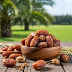 Freshly harvested dates displayed in a rustic wooden bowl illustration