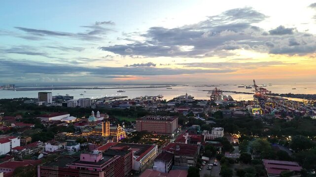 Cinematic Sunset Aerial View of Skyscrapers at Binondo, Manila, Philippines