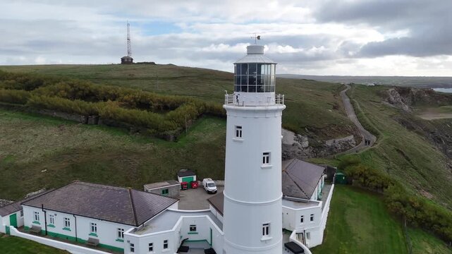Aerial view Of Trevose Head Lighthouse In North Cornwall, UK.