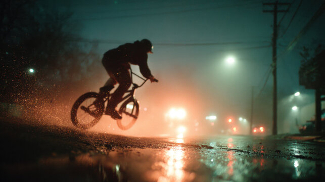 Dynamic nighttime bicycle rider navigating rainy urban street with motion, silhouette, wet pavement, and vibrant city lights creating an energetic outdoor adventure scene