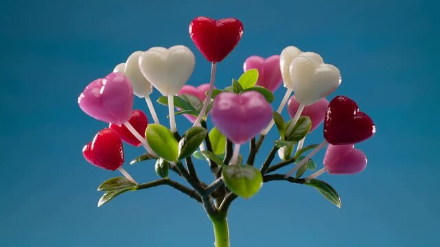 Candy tree growing from glass bowl filled with colorful sweets. Lockdown shot of heart-shaped lollipops blooming on branches.