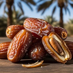 Freshly roasted dates with caramelized coating displayed on a rustic wooden surface. illustration