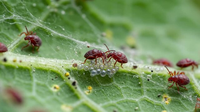 Red mites and eggs on green leaf with spiderweb