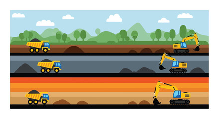 Construction site with excavators dump trucks and layered earth formations © SERINA AKTHER