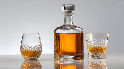 Elegant Crystal Decanter and Glasses Filled with Amber Whiskey.
