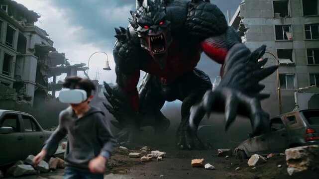 Young boy wearing virtual reality headset running from giant monster in ruined city. Immersive gaming experience in post-apocalyptic urban setting. Handheld tracking shot.