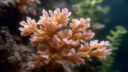A delicate pale pink and orange soft coral branches gracefully underwater