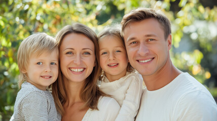 Obraz premium Portrait of happy family with two kids outdoors