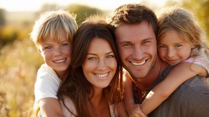 Obraz premium Portrait of happy family with two kids outdoors