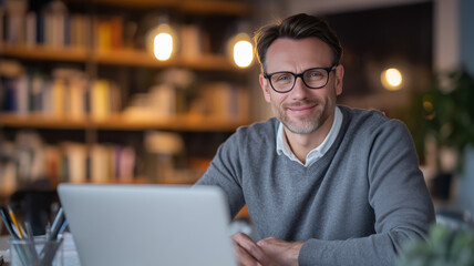 Obraz premium Teacher looking at webcam giving online lection through conference video call