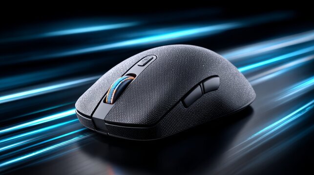 Gaming mouse product photography with blue light streaks on a dark background, showcasing its sleek design and texture against a glossy black surface