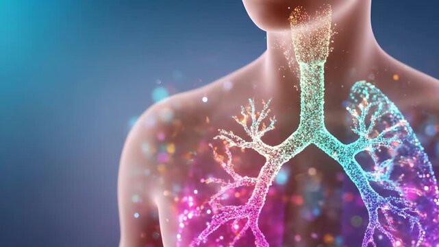 Luminous anatomical illustration of human lungs and trachea made of vibrant particles and light. Set against a cinematic blue background, symbolizing respiratory health and vitality.