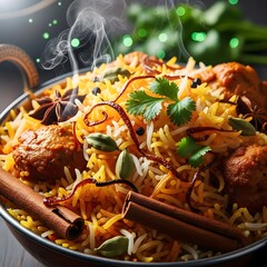 Delicious chicken biryani served in a traditional earthen pot with aromatic rice and herbs illustration