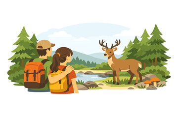 Naklejka premium While hiking, a couple unexpectedly encounters a wild deer in a peaceful, serene forest