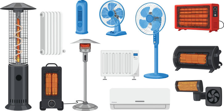 Collection of heating and cooling appliances including heaters, fans, radiators, and air conditioning units for indoor and outdoor climate control