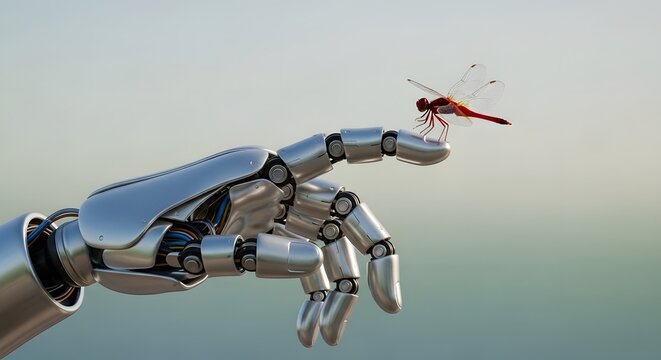 Robotic hand reaching out to a dragonfly. Symbolizing the intersection of artificial intelligence and the natural world. High-tech precision and biological bea