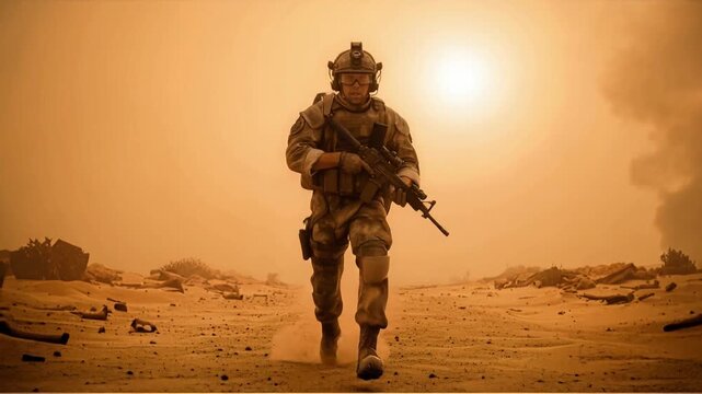 Camouflage-clad soldier running through desert during intense sandstorm. Tracking shot of armed infantryman in full gear.