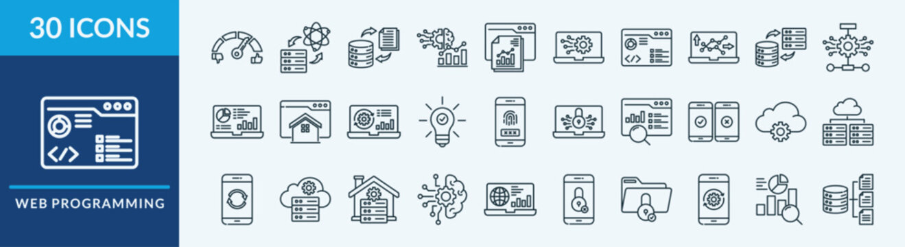 Web Programming - Icon Collection. Thin Outline Set contains such Icons as return of key performance indicator, data science, data sharing and more. Simple web icons set
