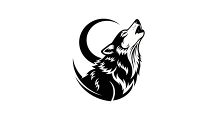 Silhouette wolf howling at crescent moon