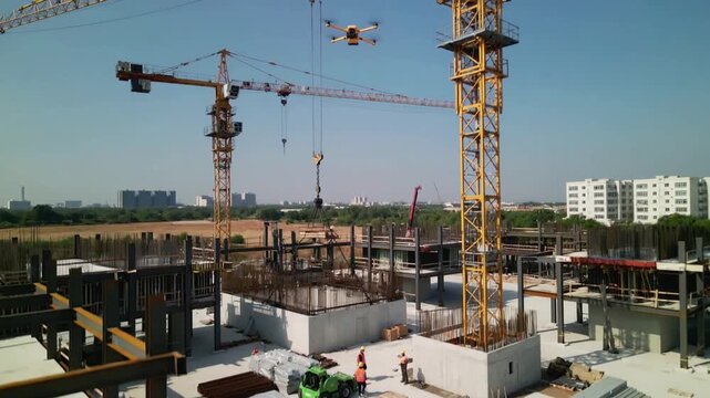 Yellow hexacopter drone hovering over active construction site. Industrial monitoring and surveillance with workers and cranes. Tilting and panning camera shot.