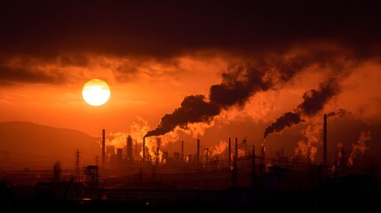Industrial Smokestacks Emitting Smoke Against a Fiery Sunset Sky.