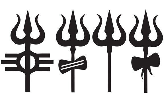 Black Trident Icon Set &ndash; Trishul and Pitchfork Religious & Mythical Symbol Vector Illustration Collection