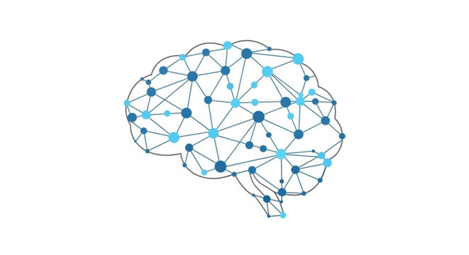 Brain with interconnected blue nodes and lines on white background representing artificial intelligence and neural networks