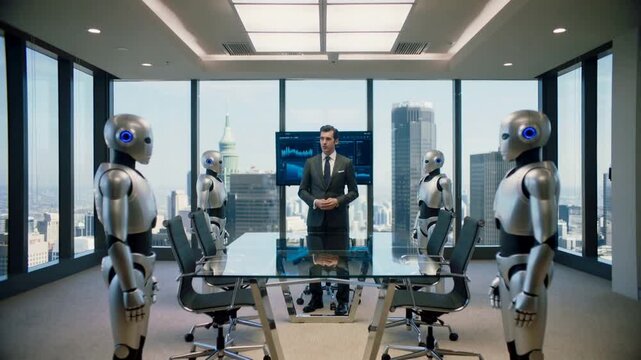 Manager presenting data to group of humanoid robots in futuristic skyscraper office. Backward camera movement revealing boardroom setting.