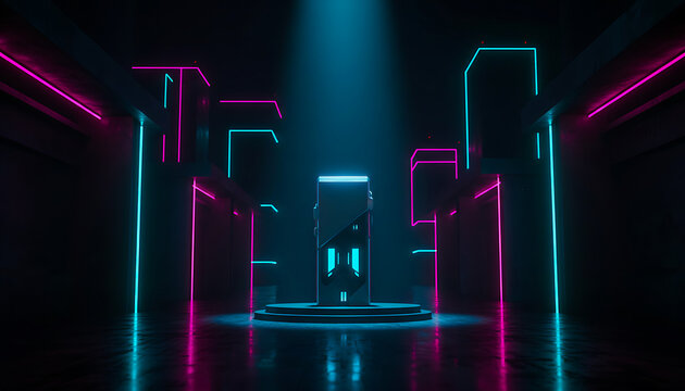 Futuristic Sci-Fi Gaming Podium Background with Neon Pink and Blue Lighting Showcase