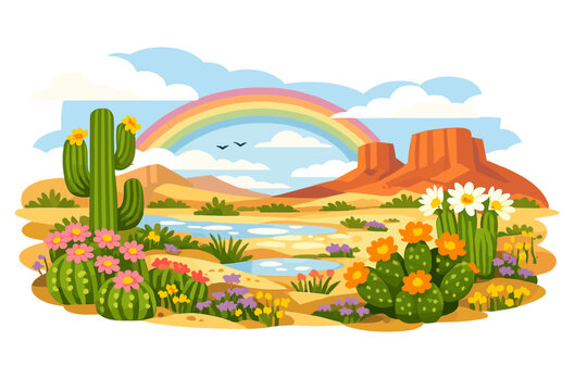 A desert scene bursts into life with vibrant cactus blossoms following an uncommon downpour