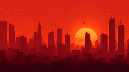 Fototapeta premium Vibrant Red Sunset Over a Silhouetted City Skyline.