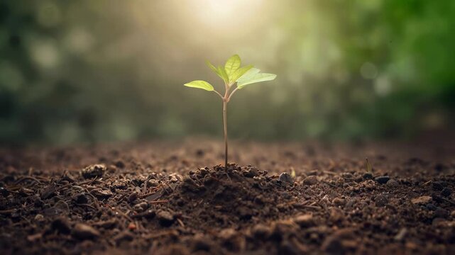 Young green sprout emerging from dark soil in forest. Low angle view with vertical camera movement.
