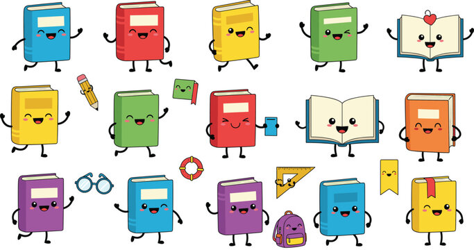 Cute Cartoon Book Characters Set with Smiling Kawaii Faces, School Learning Education Mascots, Colorful Reading Icons and Study Illustration Collection