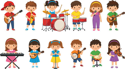 Set of cute cartoon children playing different musical instruments like guitar drums piano and violin isolated on white.