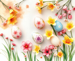 Holiday cheer blooms with decorated eggs and spring flowers in a vibrant celebration of Easter's beauty