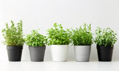 Fototapeta premium Assortment of fresh garden herbs with rosemary, oregano, mint, thyme, and sage growing in pots on a white background