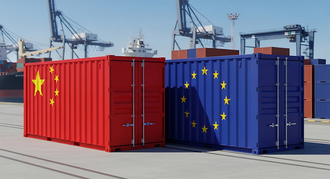 China and European Union shipping containers at port