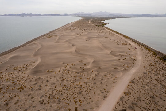 Aerial view over Mogote Dunes in La Paz, Baja California Sur, Mexico