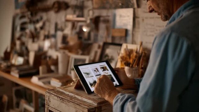 Medium shot of a customer reviewing and choosing card layouts on a digital tablet in a cozy studio environment