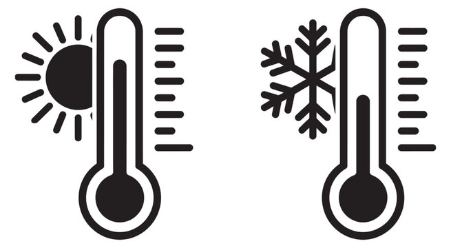 Hot and cold temperature thermometer icons, weather symbols with sun and snowflake, climate control design, app and interface vector graphics