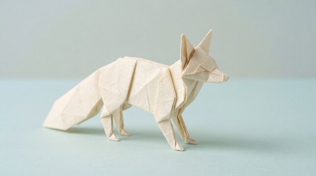 Artistic Fennec Fox Origami Figure Created from Light Paper Placed on a Muted Cyan Tabletop for Craft Enthusiasts and Animal Lovers