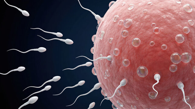Microscopic view of sperm cells approaching an egg cell in a biological fertilization process.